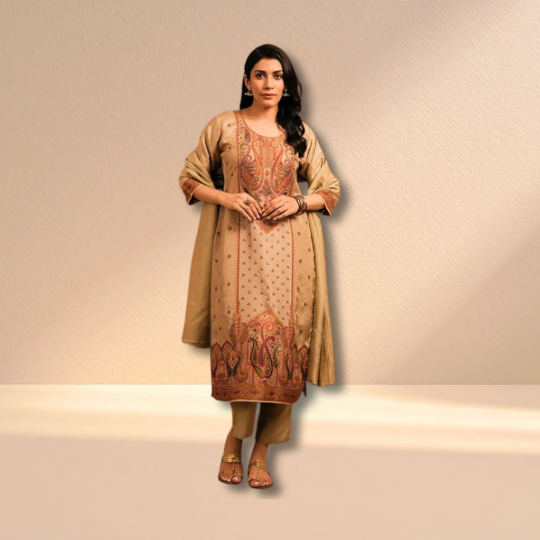 Elegant Beige Printed Kurta Set with Ethnic Charm