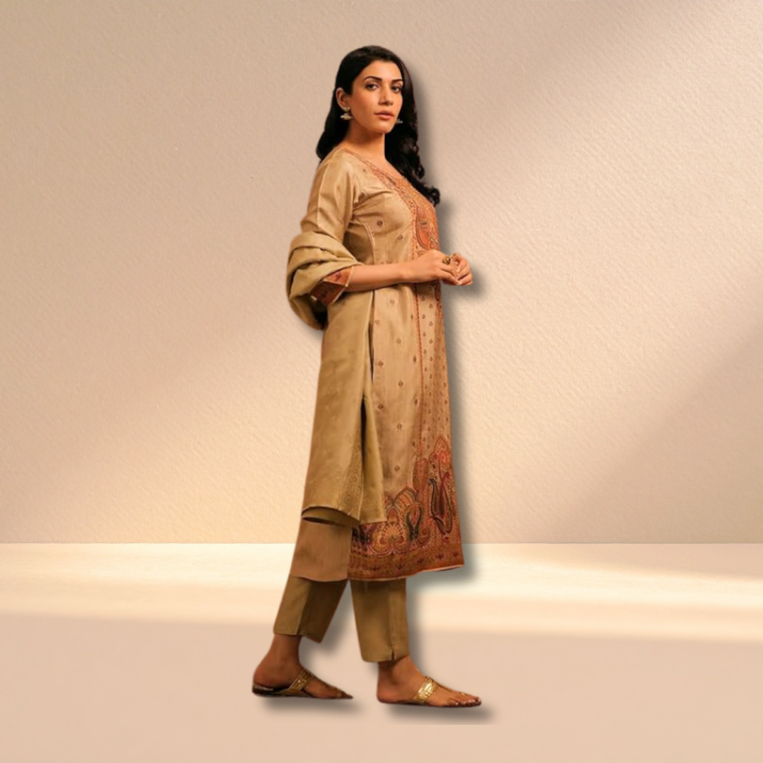 Elegant Beige Printed Kurta Set with Ethnic Charm - Image 2