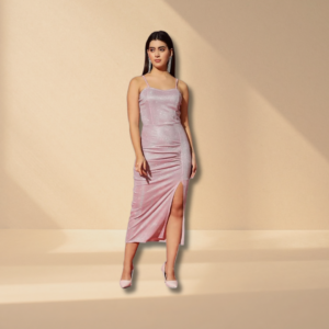 Shimmering Lilac Ruched Midi Dress with Side Slit.