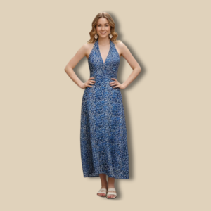 Indigo Bloom Halter-Neck Maxi Dress