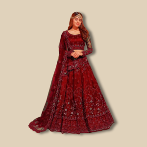 Maroon Velvet Embroidered Bridal Lehenga Choli.